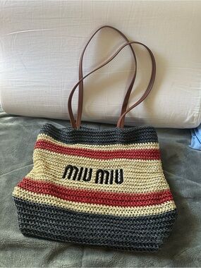 Miu Miu Crochet Stripe Tote in Black, Cream & Red with Brown Leather Straps